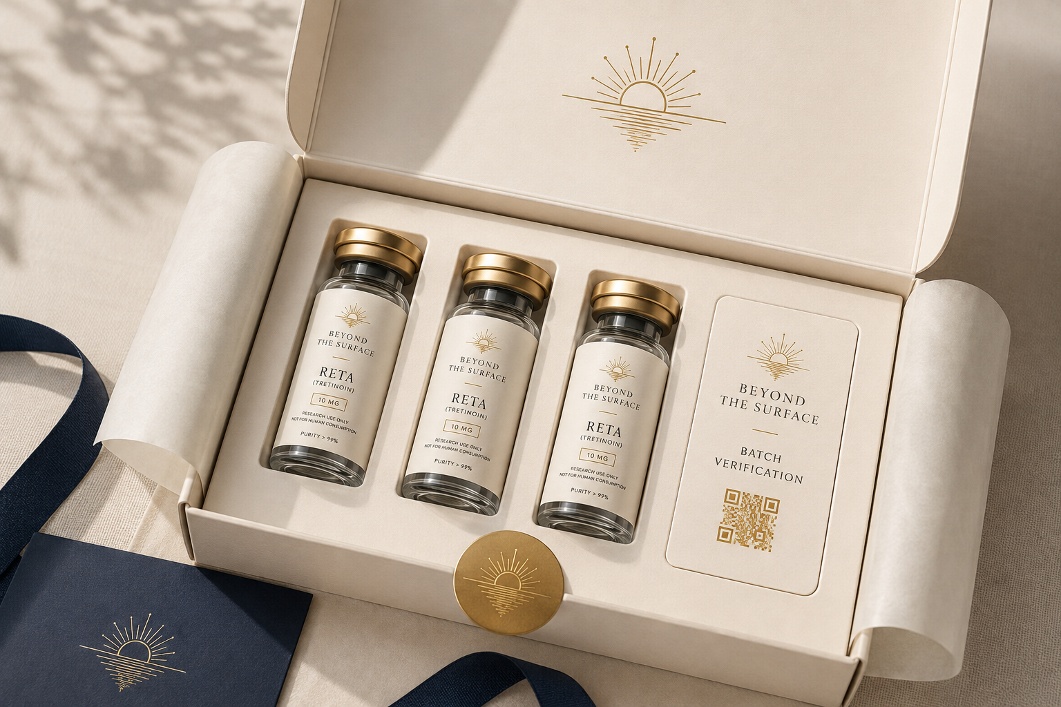 Open cream Beyond the Surface mailer with securely fitted vials and a batch-verification card